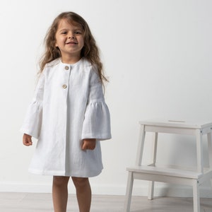 Girls white linen coat | Toddler spring jacket with puffed sleeves | Flower girl christening outfit