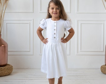 Girl linen apron dress | Birthday dress for girls | Puff sleeve flower girl dress