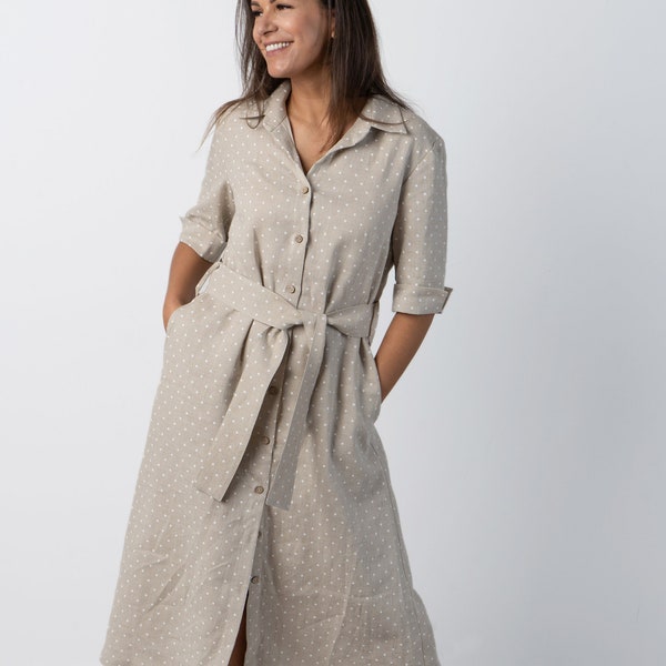 Linen shirt dress with belt | Midi dress | Handmade clothing for women