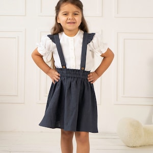Girls linen pinafore dress | Suspender skirt with straps | Toddler organic handmade clothing