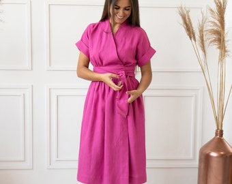Wrap linen dress | Short sleeve dress for women | Handmade linen clothing for women