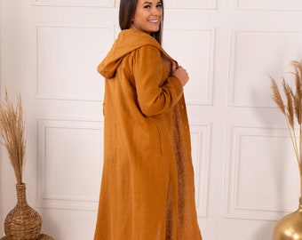 Linen two piece set with hooded brown long button up coat & matching shirt | Elegant women's linen jacket