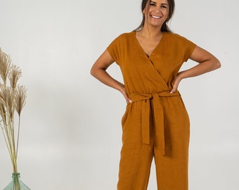 Linen jumpsuit | Loose linen overalls | Linen romper with belt | Handmade clothing for women