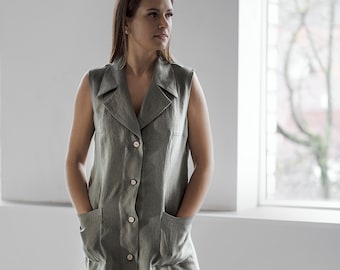 Sleeveless linen maxi dress | Sage green button down dress with pockets | Handmade organic linen clothing