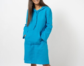 Loose linen hoodie | Hooded tunic dress for women | Handmade linen clothing