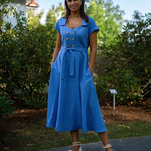 Blue linen midi dress with belt A-line button down summer dress image 1