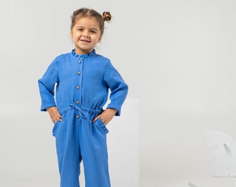 Blue linen jumpsuit for toddlers | Kids long sleeve romper with belt detail