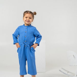 Girls linen jumpsuit | Blue toddler romper with long sleeves | Button front wide leg suit