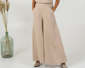 Wide leg linen pants for women | Elastic waist trousers | High waist linen palazzo pants