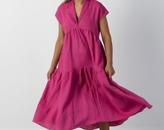Linen midi dress for women | Short sleeve dress | Handmade linen clothing