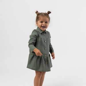 Girls green linen dress | Long sleeve button down dress | Handmade organic kids clothing