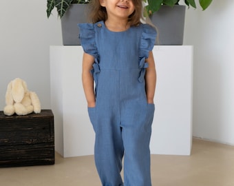 Blue linen girls jumpsuit with pockets | Linen romper for kids | Kids linen clothing