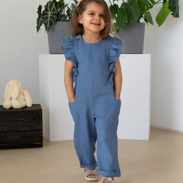 Combinaison fille en lin bleu avec poches | Romper en lin pour enfants | Vêtements en lin pour enfants