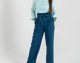 Wide leg linen pants | Elegant high waisted linen pants with pockets | Linen trousers | Paper bag waist pants