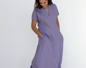 Linen maxi dress with pockets | Lavender loose linen dress | Plus size linen dress | Linen summer dress