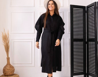Black linen midi dress with belt | Elegant button up dress | Sophisticated linen dress for women