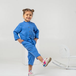 Blue linen jumpsuit for toddlers Kids long sleeve romper with belt detail image 3