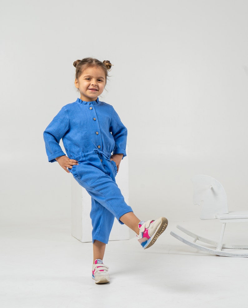 Blue linen jumpsuit for toddlers Kids long sleeve romper with belt detail image 3