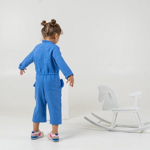 Blue linen jumpsuit for toddlers Kids long sleeve romper with belt detail image 2