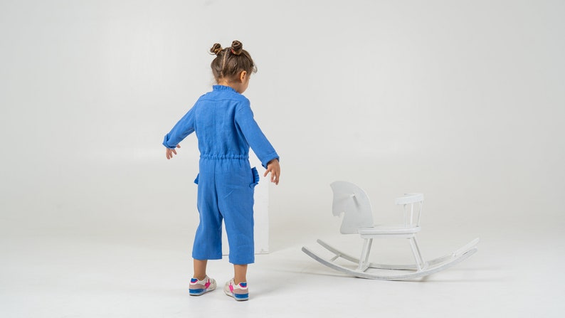 Blue linen jumpsuit for toddlers Kids long sleeve romper with belt detail image 2