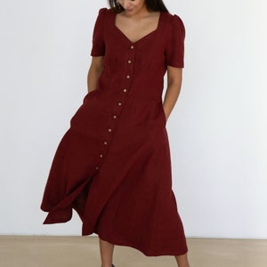 Burgundy linen midi dress | Button front summer dress with short sleeves | Handmade linen clothing