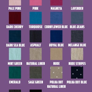 Linen fabric color chart featuring 24 different linen fabric options for handmade clothing. Colors include white, yellow, mustard yellow, cinnamon, pale pink, pink, magenta, lavender, dark cherry, turquoise, cornflower blue, blue jeans, dark sea blue, asphalt, royal blue, melange blue, mint green, natural linen, nude, nude stripes, emerald, sage green, polka dot natural linen, polka dot blue, black stripes, and black. Fabric weight: 205 mg/m². Limi Style branding at the bottom.