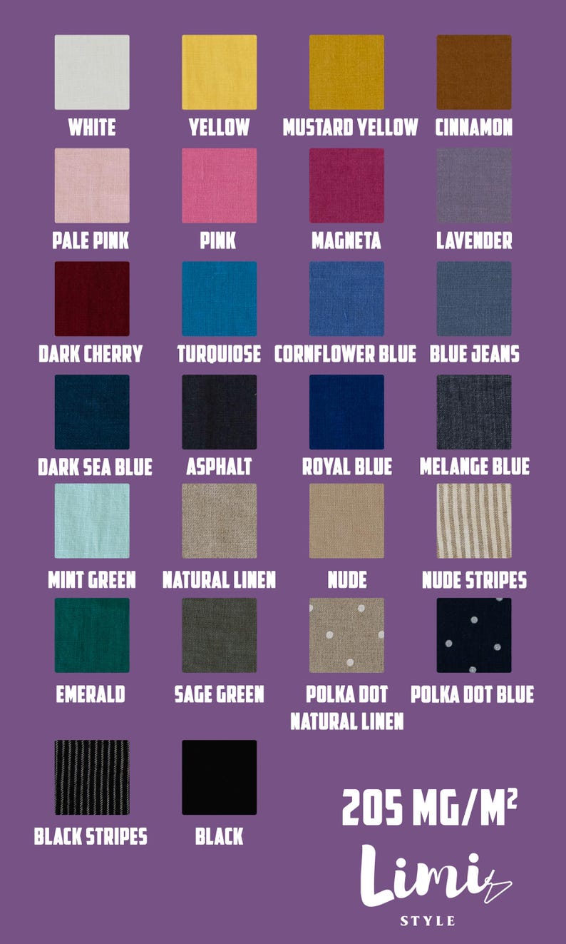 Linen fabric color chart featuring 24 different linen fabric options for handmade clothing. Colors include white, yellow, mustard yellow, cinnamon, pale pink, pink, magenta, lavender, dark cherry, turquoise, cornflower blue, blue jeans, dark sea blue, asphalt, royal blue, melange blue, mint green, natural linen, nude, nude stripes, emerald, sage green, polka dot natural linen, polka dot blue, black stripes, and black. Fabric weight: 205 mg/m². Limi Style branding at the bottom.