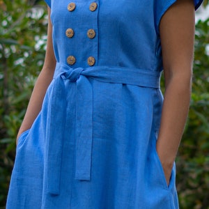 Blue linen midi dress with belt A-line button down summer dress image 2