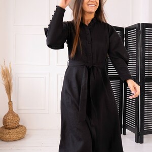 Black linen midi dress with belt Elegant button up dress Sophisticated linen dress for women image 8