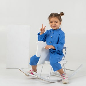 Blue linen jumpsuit for toddlers Kids long sleeve romper with belt detail image 6