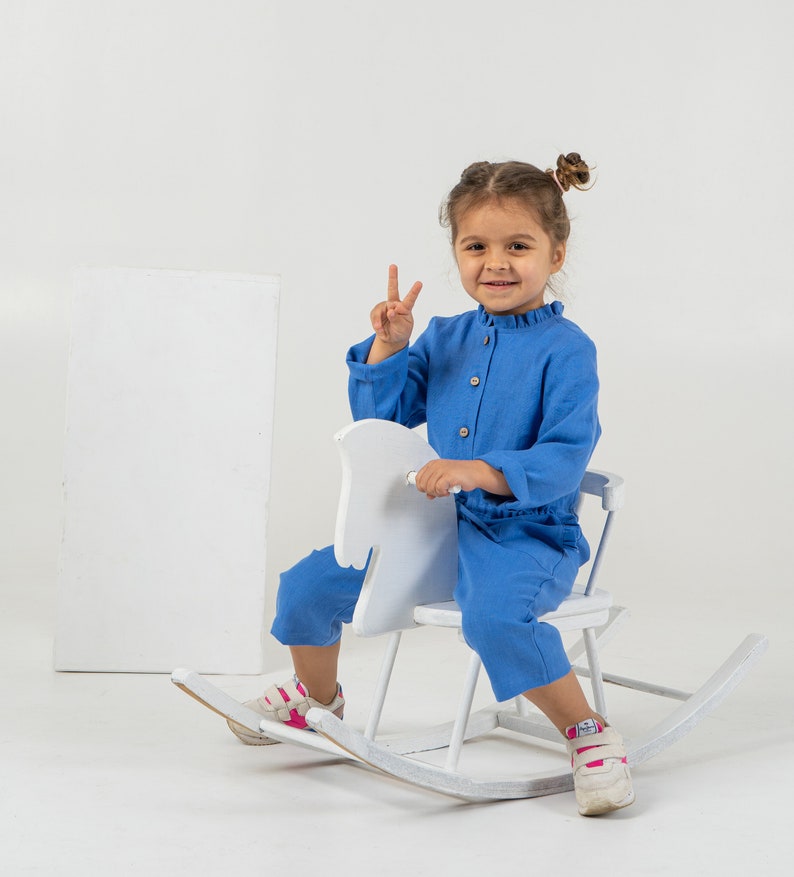 Blue linen jumpsuit for toddlers Kids long sleeve romper with belt detail image 6