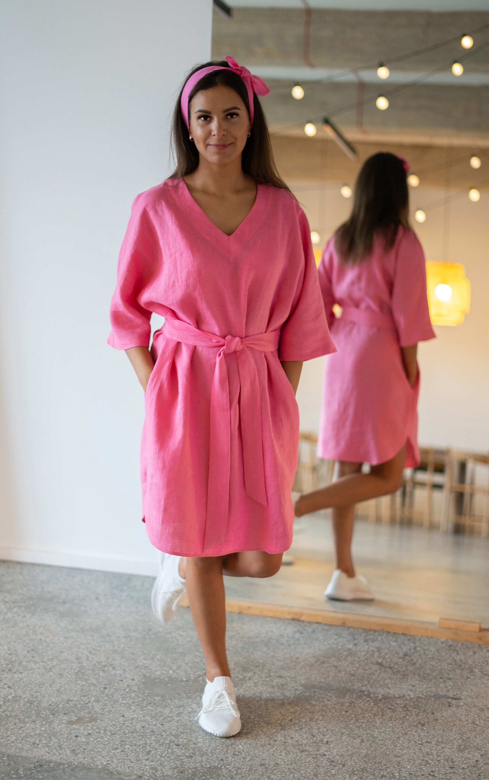 pink linen tunic dress Pink Linen Tunic Dress | Belted Short Summer Dress With Pockets | Handmade  V Neck Clothing