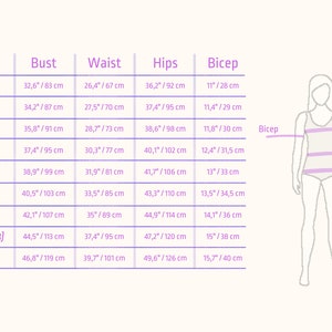 Womens clothing size chart for linen garments, displaying bust, waist, hips, and bicep measurements in inches and centimeters. Sizes range from S (34) to XXL (50), with an illustrated guide showing measurement locations on the body.