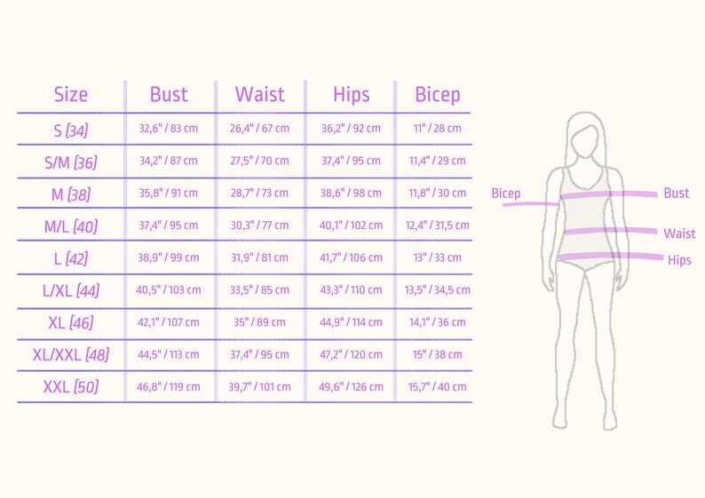 Womens clothing size chart for linen garments, displaying bust, waist, hips, and bicep measurements in inches and centimeters. Sizes range from S (34) to XXL (50), with an illustrated guide showing measurement locations on the body.
