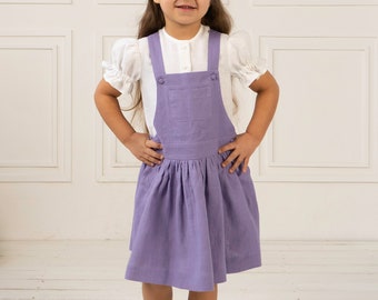Girls lavender linen pinafore dress | Cute sleeveless summer dress | Playful toddler linen apron dress