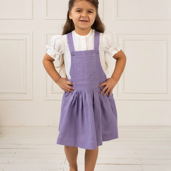 Girls lavender linen pinafore dress | Cute sleeveless summer dress | Playful toddler linen apron dress