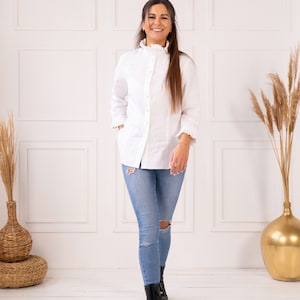 White linen blouse with ruffle high collar Classic button up shirt with elastic cuff sleeve Elegant vintage inspired linen top for women image 2