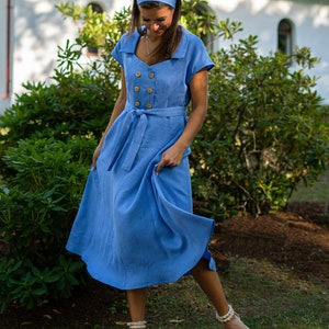 Blue linen midi dress with belt A-line button down summer dress image 3