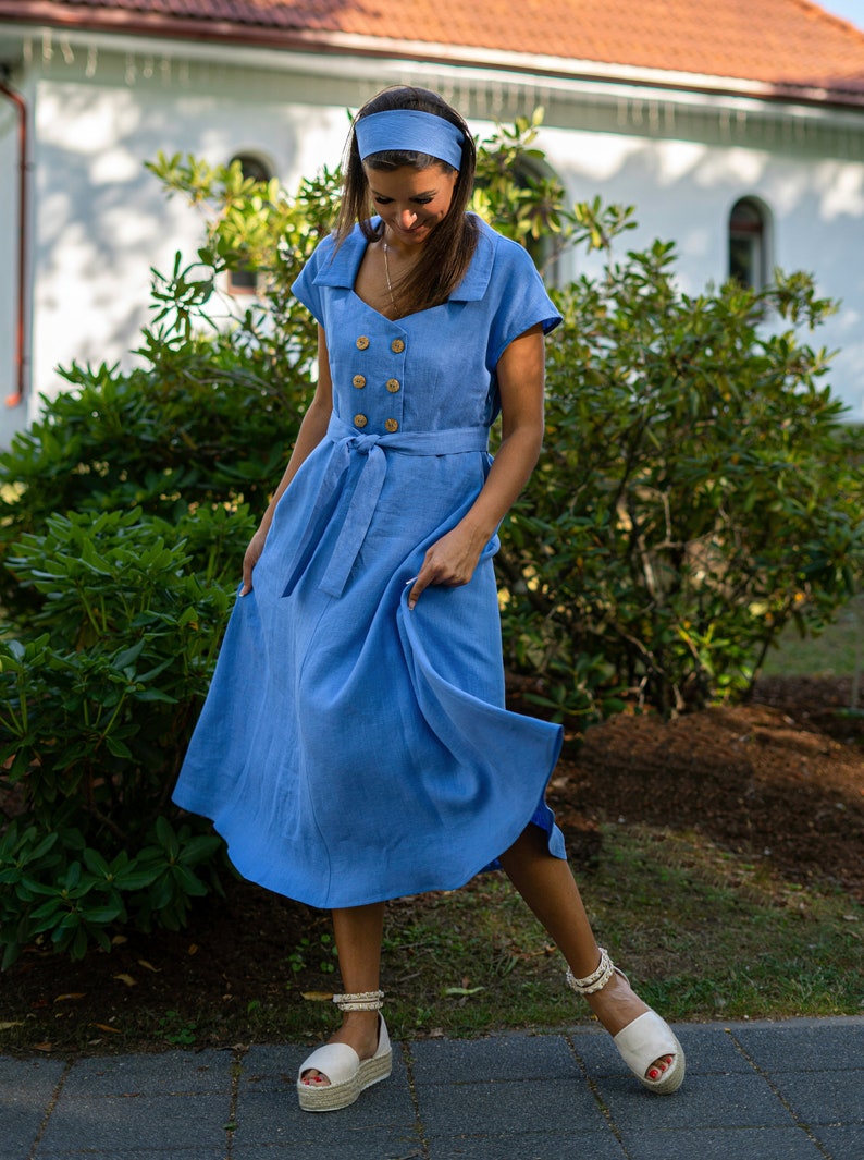 Blue linen midi dress with belt A-line button down summer dress image 3