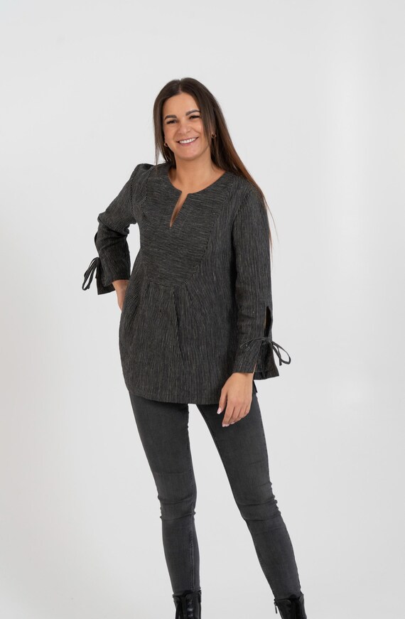 Striped Linen Tunic Long Sleeve Boho Linen Blouse Black Loose