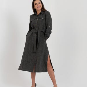 Linen shirt dress | Long sleeve button down linen dress | Belted casual midi dress | Organic handmade linen clothing