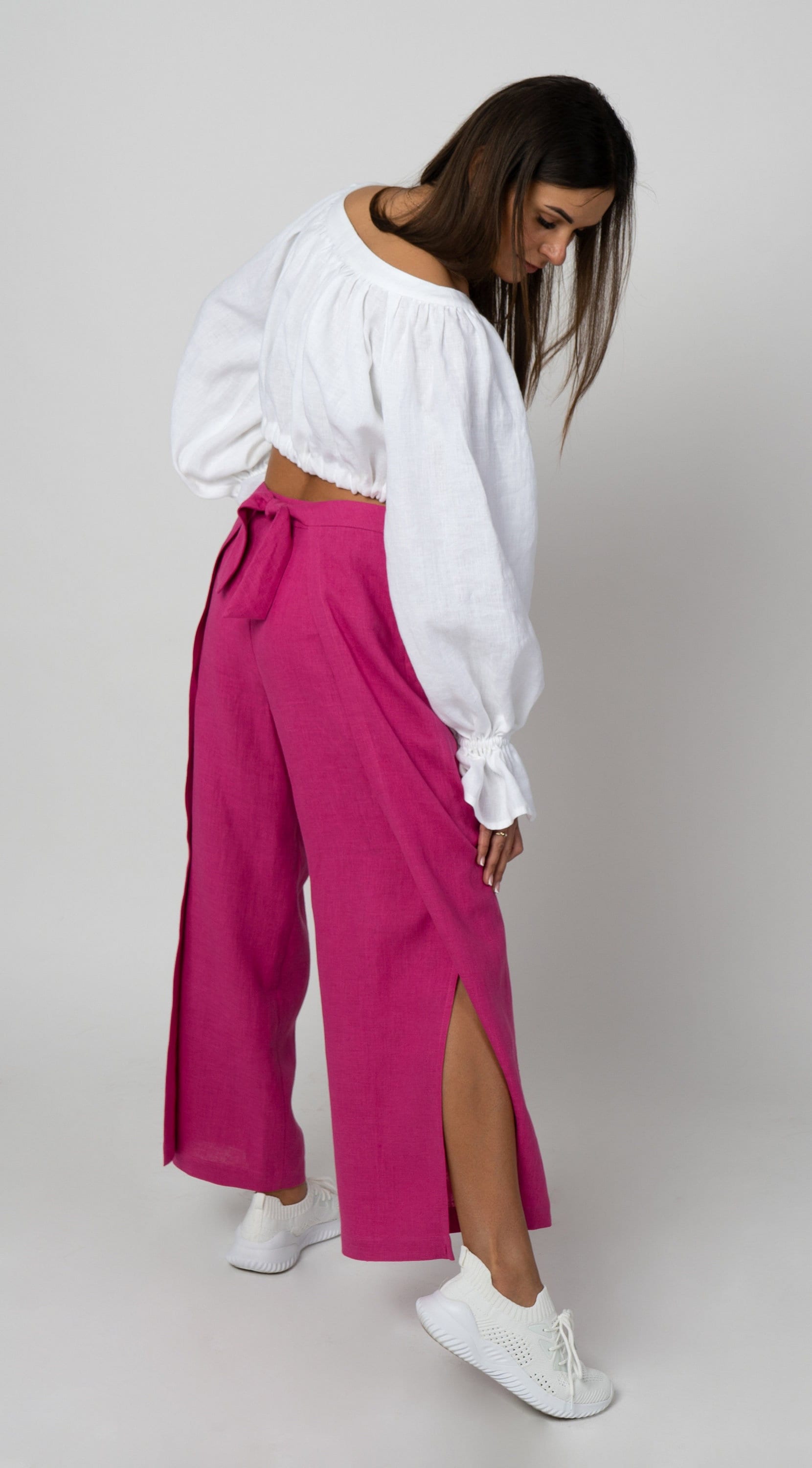 Pink Wide Leg Linen Pants With Side Slit | Boho Summer Linen