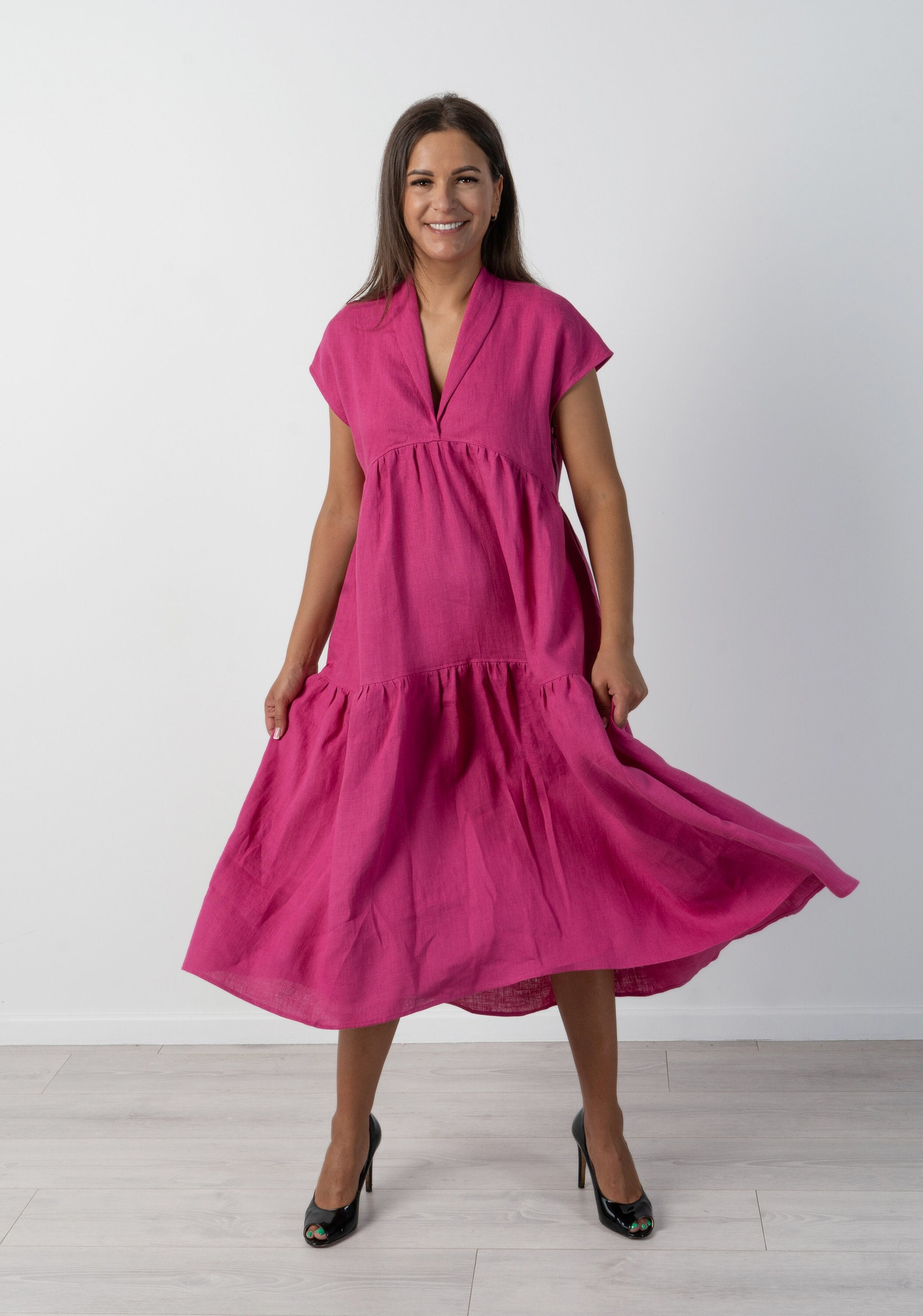 Pink linen dress for women | Loose summer midi dress | Handmade organic linen clothing Pink linen dress for women | Loose summer midi dress | Handmade organic linen clothing