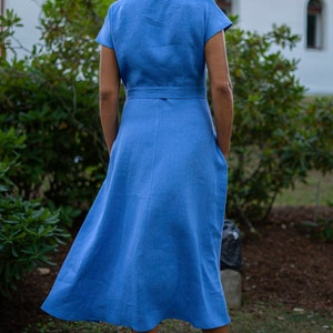 Blue linen midi dress with belt A-line button down summer dress image 4