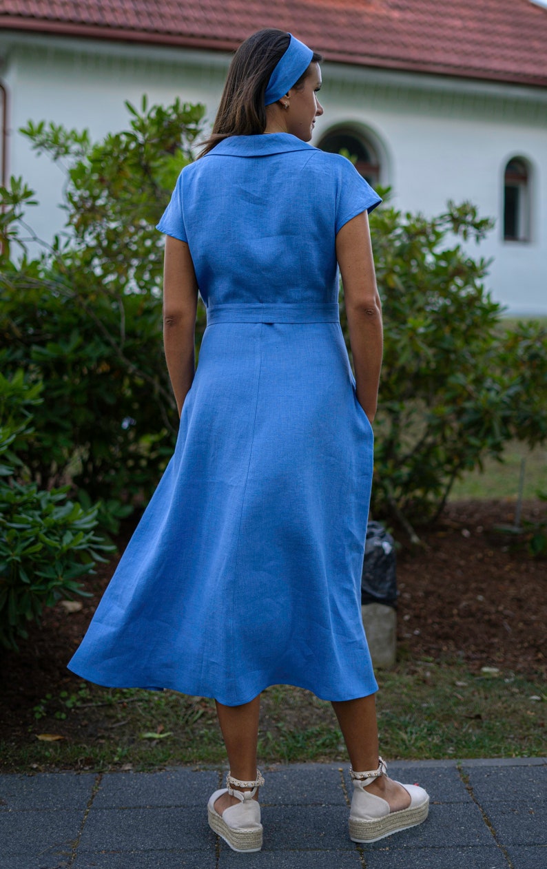 Blue linen midi dress with belt A-line button down summer dress image 4