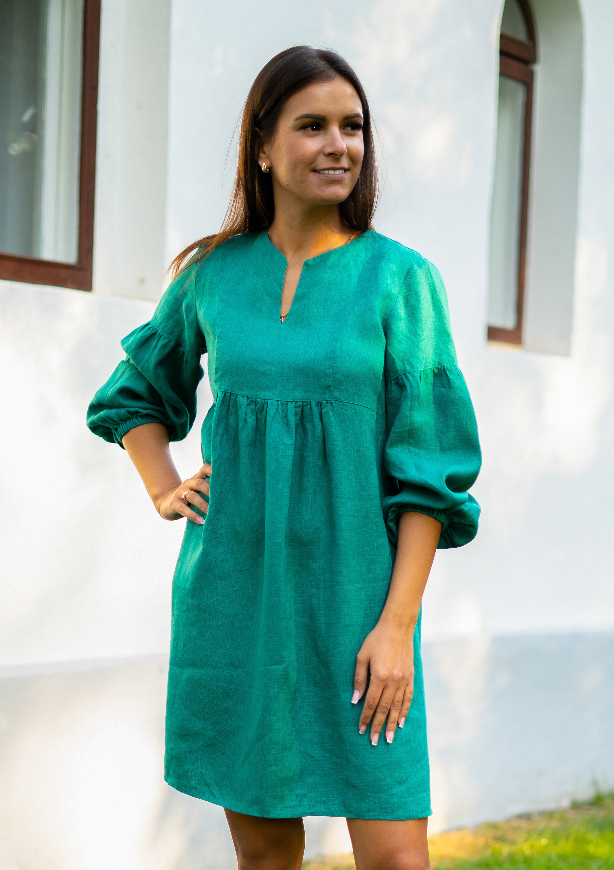 knee length dresses for ladies MARSEILLE Two Way Puff Sleeve Midi Dress with Covered Buttons and Square  Neckline (EMERALD GREEN LINEN) main image 0
