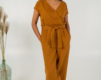 Organic Linen Wrap Jumpsuit for Women | Belted Wide Leg Romper | V Neck Short Sleeve Summer Linen Outfit