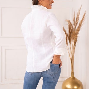 White linen blouse with ruffle high collar Classic button up shirt with elastic cuff sleeve Elegant vintage inspired linen top for women image 3