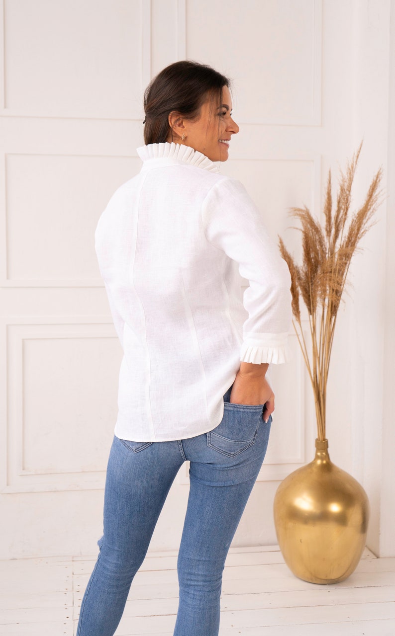 White linen blouse with ruffle high collar Classic button up shirt with elastic cuff sleeve Elegant vintage inspired linen top for women image 3