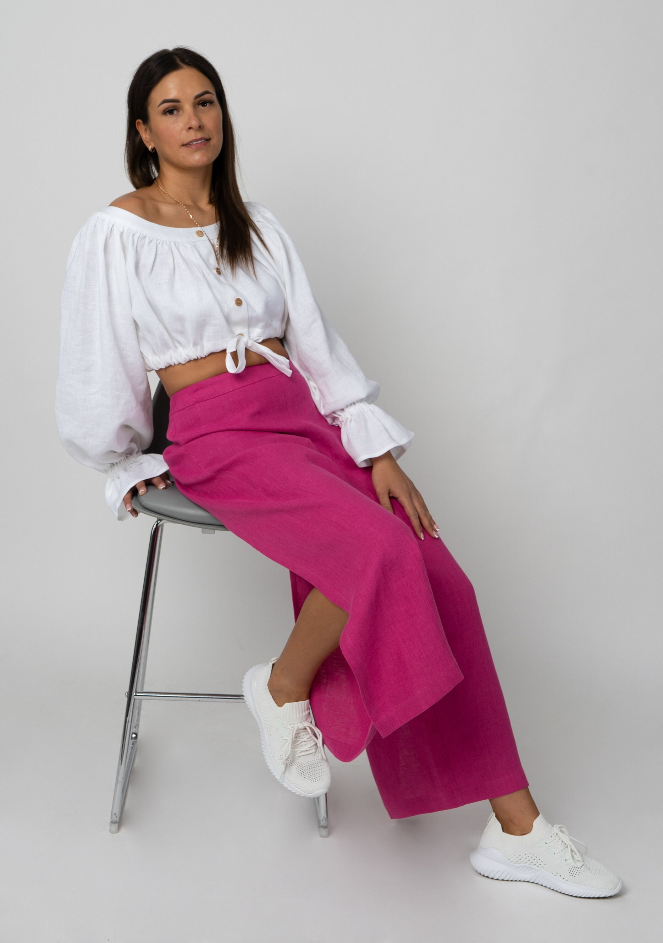 パンツ LARDINI Wool, silk and linen trouser with fold Rosa Wool and silk wide-leg pants in pink - Valentino | Mytheresa